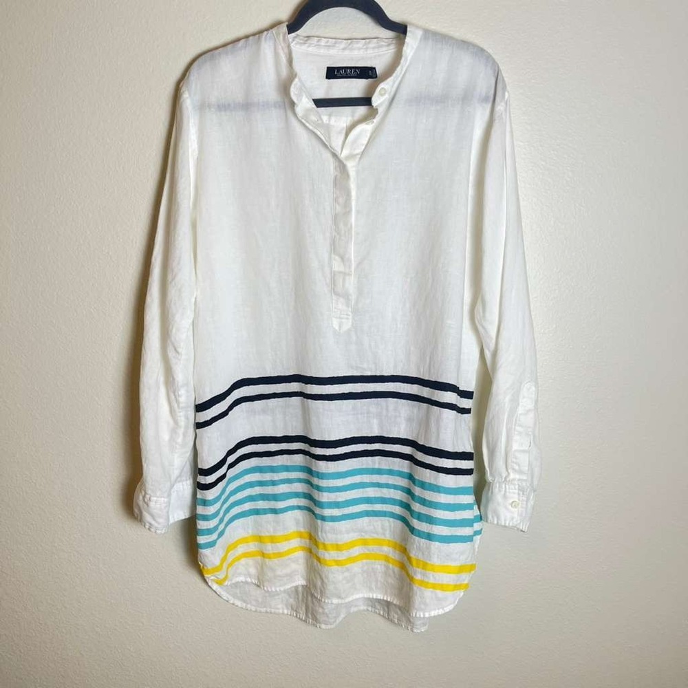 Lauren Ralph Lauren 100% Linen Striped Tunic Women's XL White